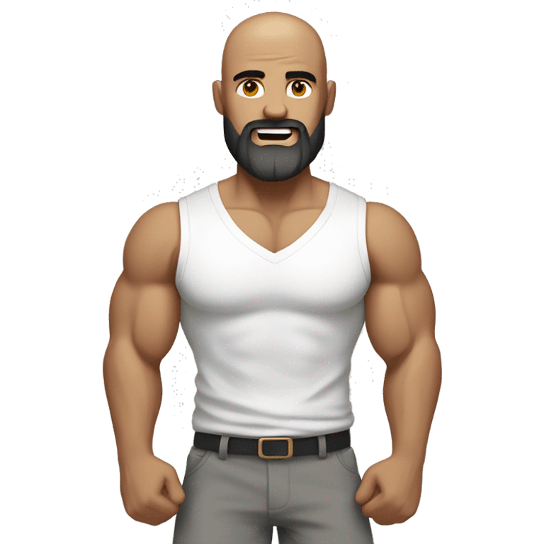 Man flexing muscles in a white shirt and grey shorts, bald, brown beard emoji