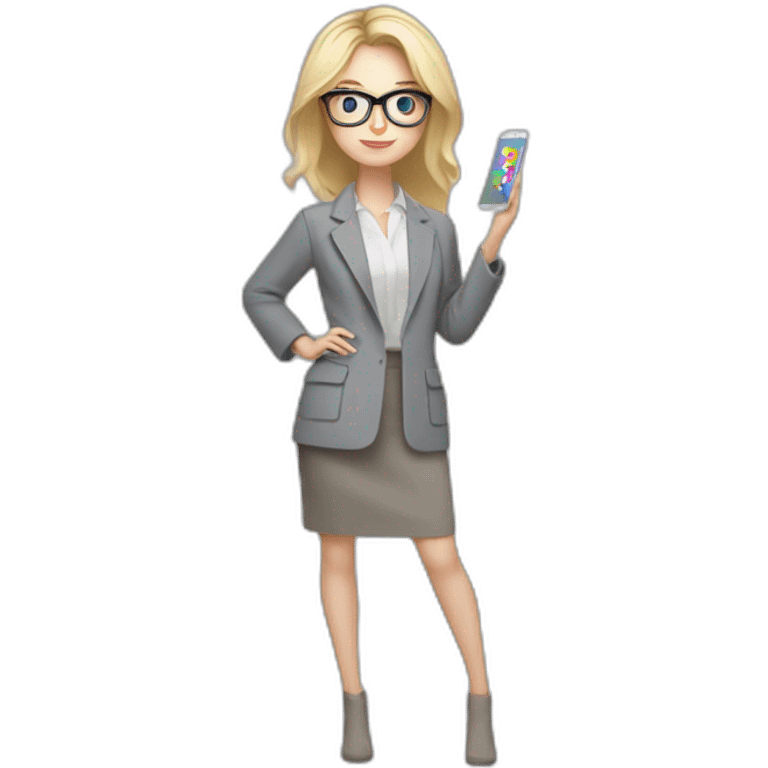 full height pale skin woman with cold blonde hair, Care haircut, White blouse, Gray oversize jacket, Gray skirt and metal glasses holding a color palette in the hands of a color palette emoji