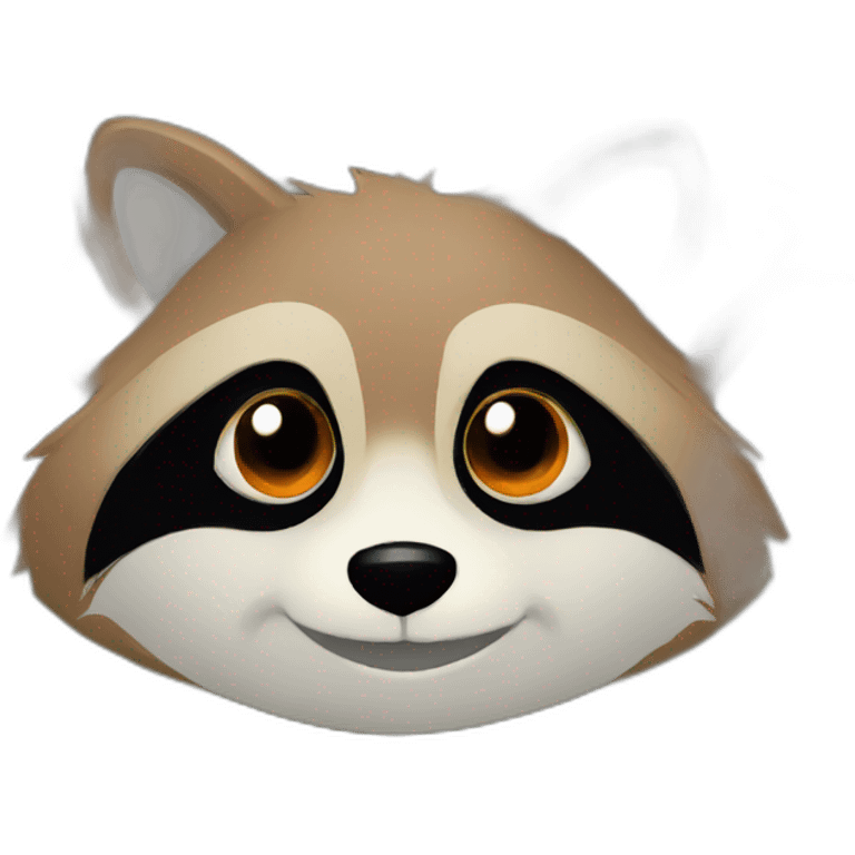 brown raccoon with orange eyes and a dark green hood that is smiling emoji