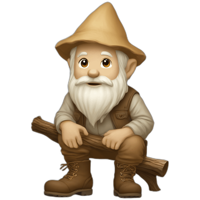 side view of gnome with light tan pants and light tan boots squatting in front of small brown log emoji