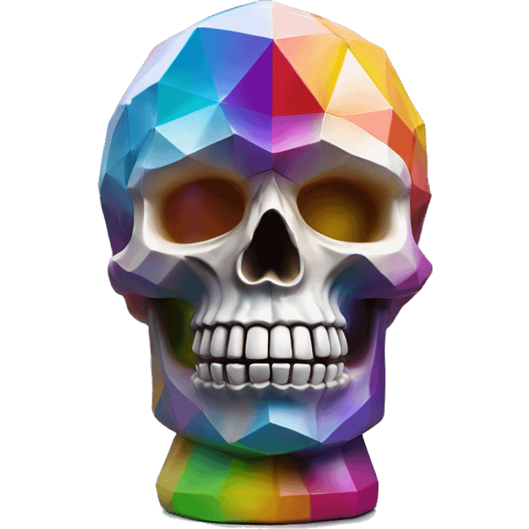 symbolic skull sculpture symbolizing chromatic light with a geometric, faceted design. The bottle is standing upright with angular and baroque features. The vibrant rainbow of colors highlights the sharp edges and planes.  emoji