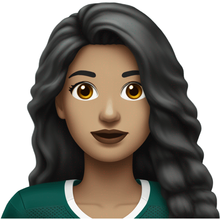 White female long dark hair red lips wearing Philadelphia Eagles jersey emoji