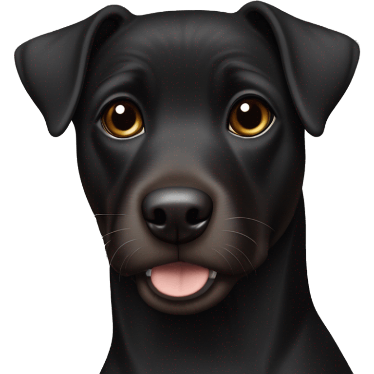 A sitting black Patterdale Terrier dog with a white patch on its chest and brown eyes. emoji