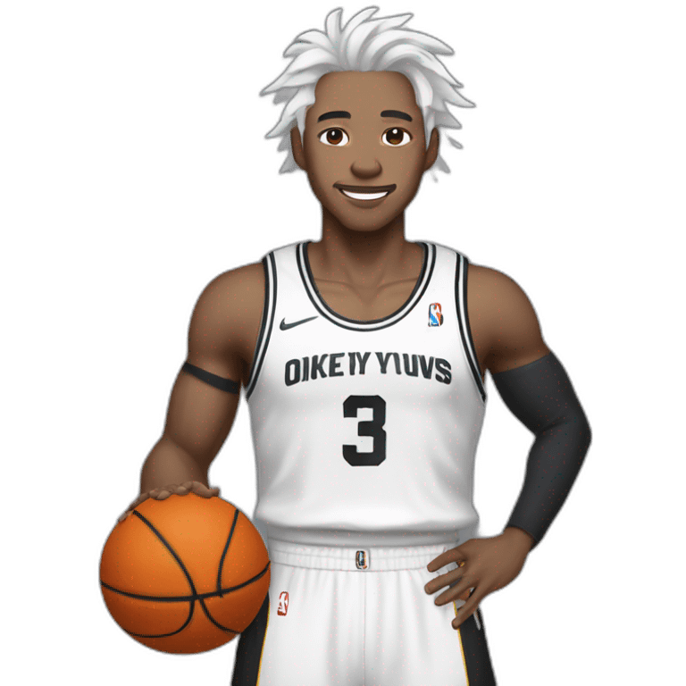 Chinese idol wearing white straps, gray pants and black shirt with white hair holding a basketball in his right hand emoji