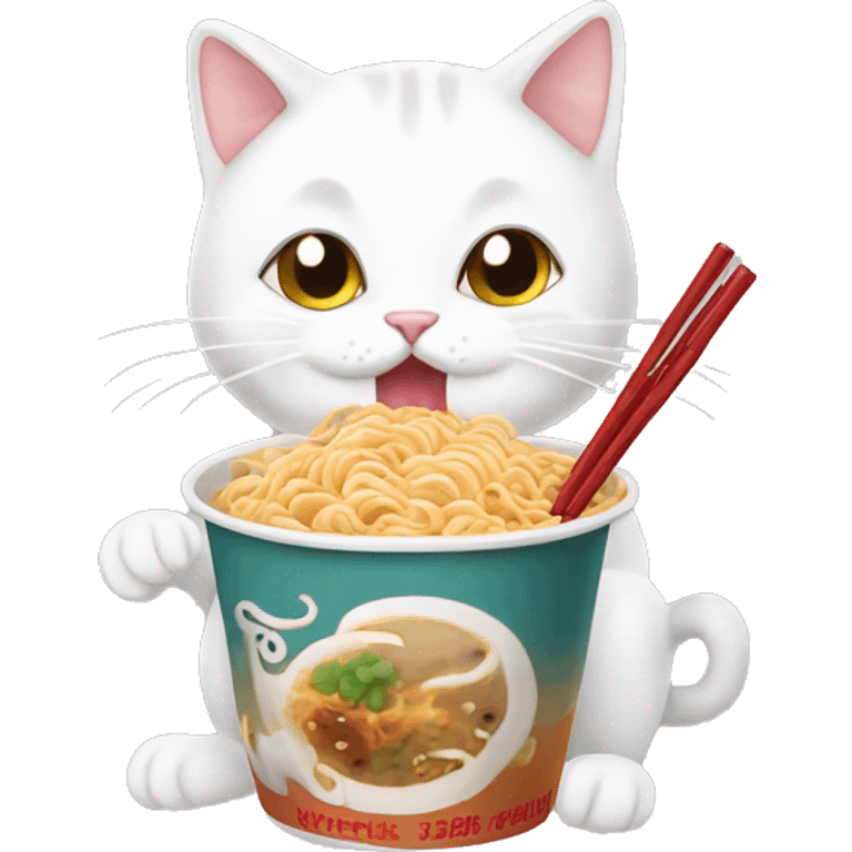 White cat eating ramen noodles and bubble tea emoji