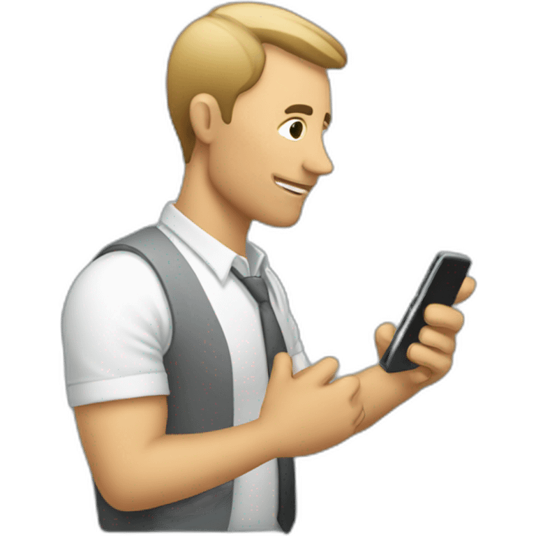 A man talks to his mobile phone sideways emoji