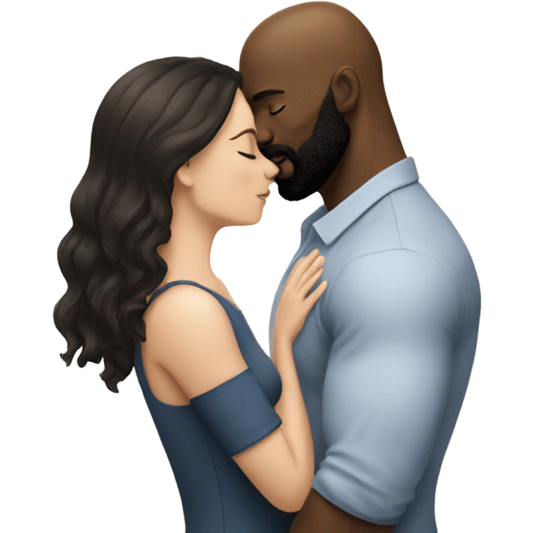 White brunette kissing muscular black bald man with beard emoji