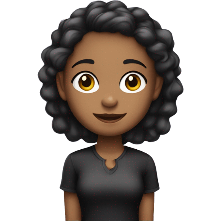 Menina de pele clara e cabelo preto cacheado com camisa roxa emoji