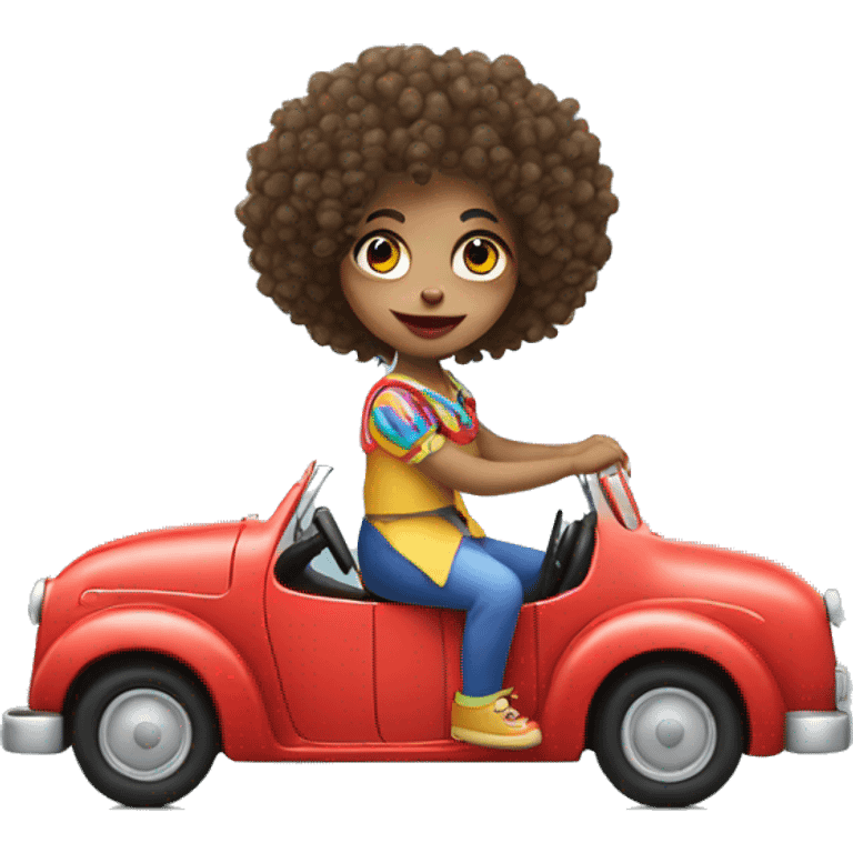 girl with curly hair that is dressed a a clown driving car emoji