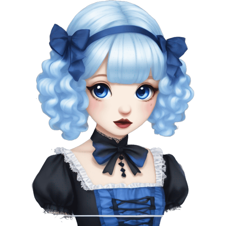 Japanese pale woman with Blue curly pigtails and bangs, royal blue lips and eyeshadow, long eyelashes, blue eyes, black Lolita dress with laces and ribbons, gothic Lolita doll look emoji