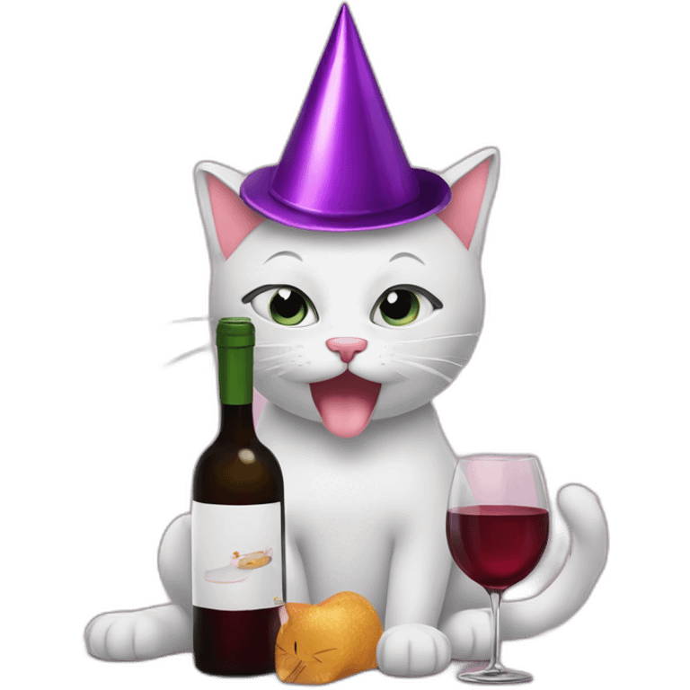 depressed tired kitty drinking wine and party hat on emoji