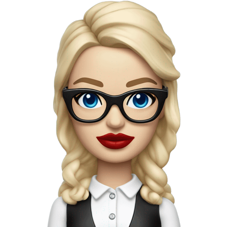  Bobble head Margot Robbie, bright blue eyes and winged eye liner, red kisses, wearing black glasses  emoji