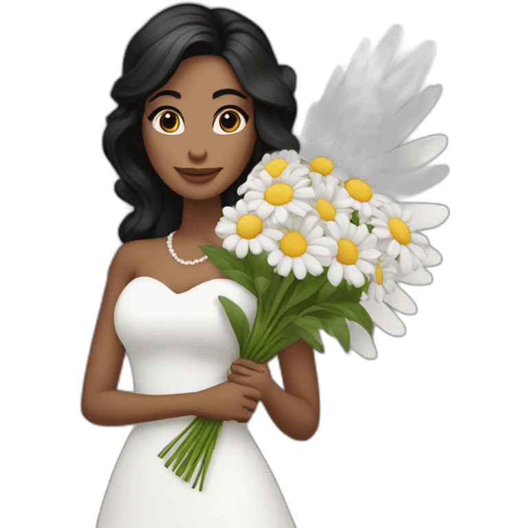 White bride with black hair and long dress holding bouquet of flowers with big wings emoji