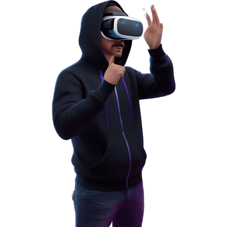 Russian man wearing a black hoodie with "OMG" letters on it and VR headset oculus quest 2 in a cyberpunk VR environment with violet neon lighting. Showing direction with hand emoji