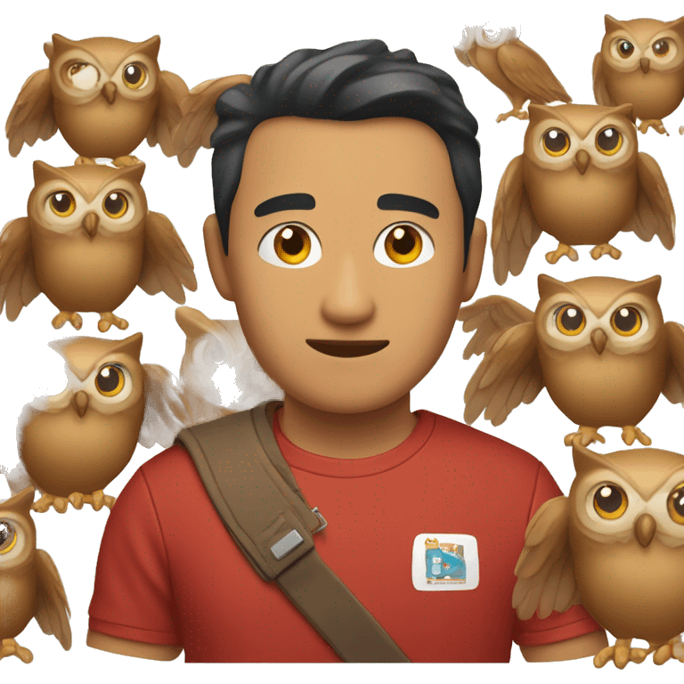 man with brownish (filipino) skintone in red tshirt with small owl on sitting his right shoulder emoji