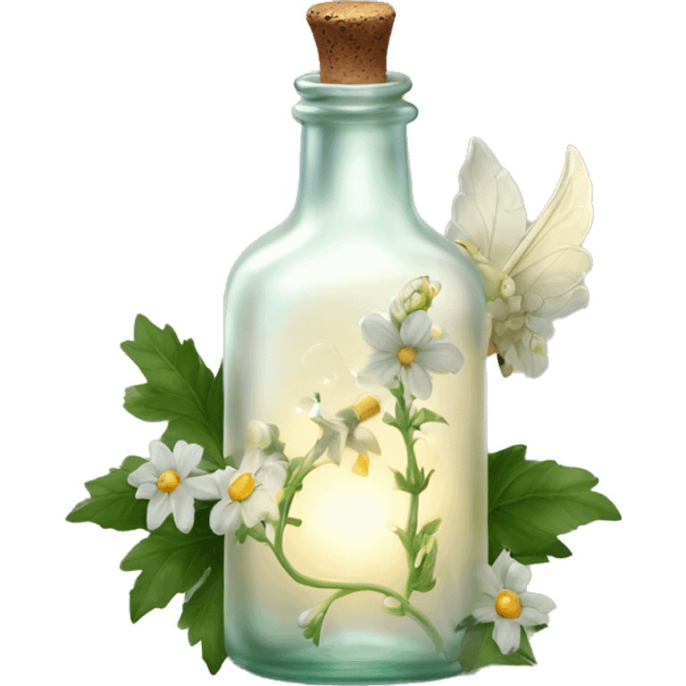 White magic fairy light sparkling old Antique bottle with poison and with herbal and flowers emoji