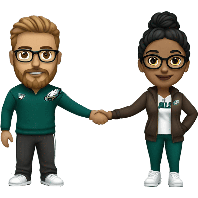 Brown guy with beard mustache and brown girl with glasses and her hair in a bun in Philadelphia eagles clothes holding hands emoji