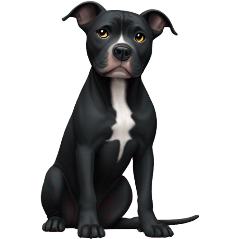 A black pitbull with his point ears are flopping and on the right side of its snout is white and the rest of its face is black except it has a thin white stripe on its forehead and a tiny bit oh white on its back neck and it’s got white feet  emoji