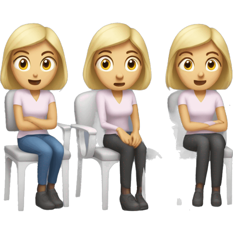 Caucasian woman, facial expression scared,chair and armchair next to her emoji