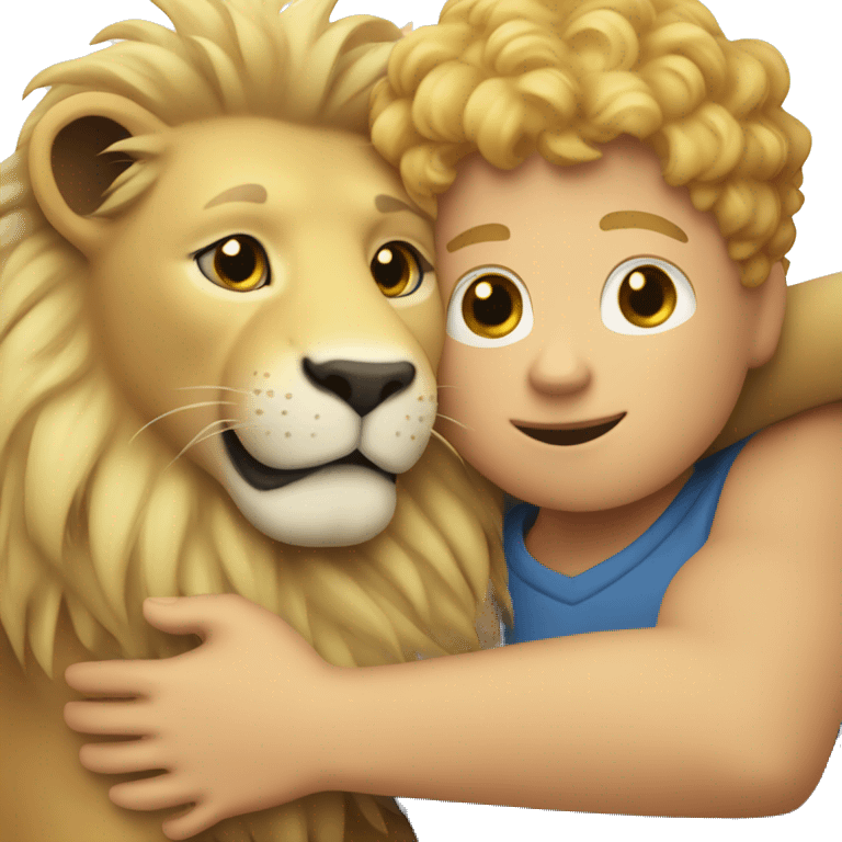 curly short blonde boy hugging a lion emoji