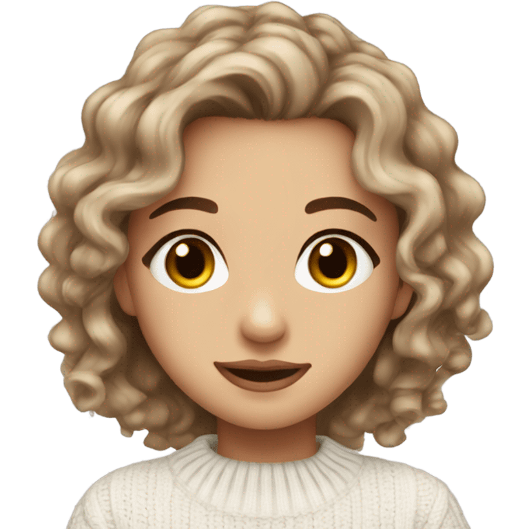 Beautiful girl, long brown hair, light curls, long eyelashes and brown eyes wearing a white sweater emoji