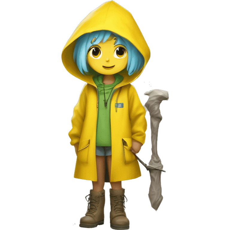 Cute little girl with light blue hair wearing a yellow raincoat hood up with white skin and short hair with cross necklace holding a staff with green muddy boots, the yellow raincoat should be covered emoji