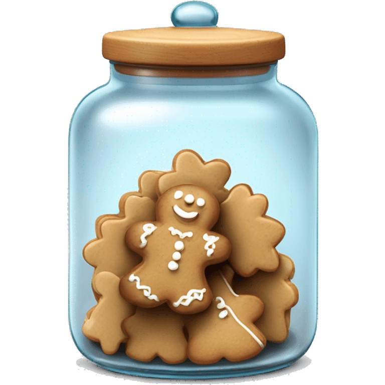 Realistic glass cookie jar with light lid full of gingerbread cookies isolated.  emoji