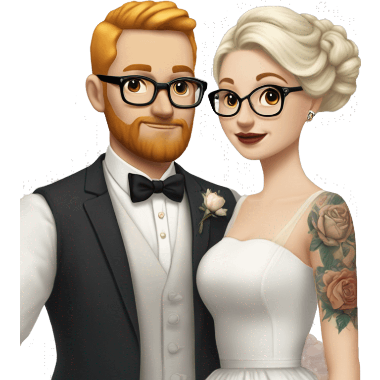 White Blonde hair up bride glasses tattoos vintage tea length dress with white groom black glasses ginger beard no head hair emoji