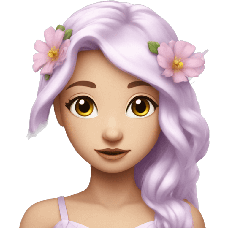 Beautiful, flower fairy, white long, light pink hair, big wings, fair skin, light violet eyes  emoji