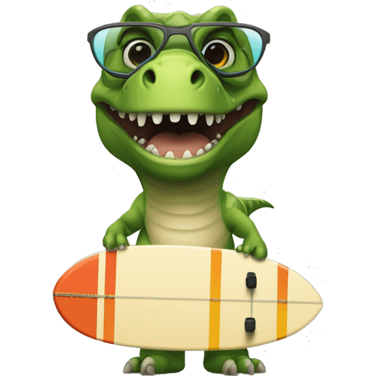 Un dinosaurio montado en una tabla de surf con unas gafas emoji