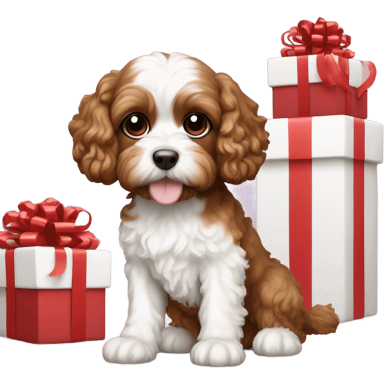 Brown and white cavapoo dog and gift box emoji