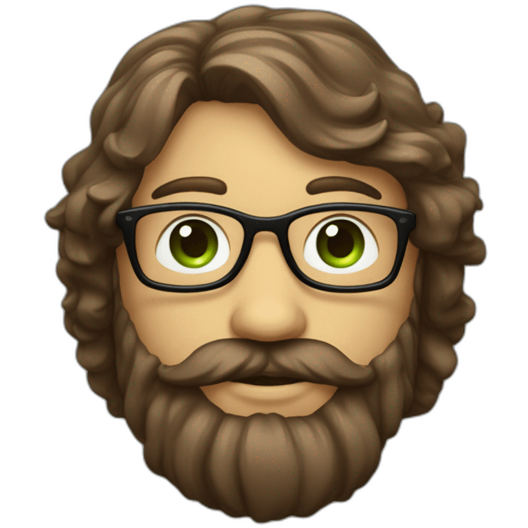 Une visage d’un homme cheveux mi-long un peu ondulée de couleur brun, avec des yeux vert, une barbe bien taillé pas grosses et des lunettes assez fines  emoji