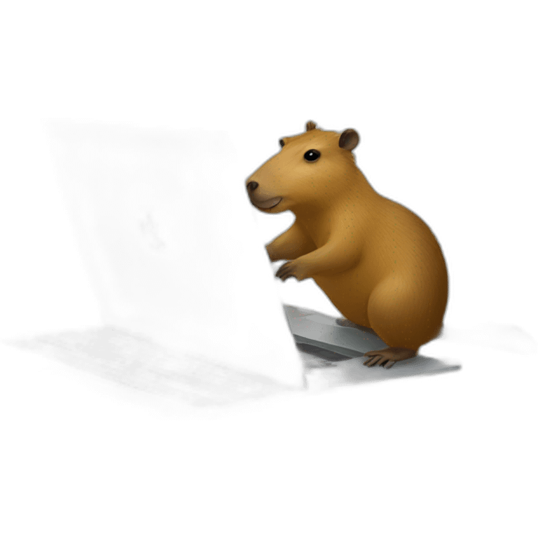 Capybara with a Macbook in the bathroom, around a duck emoji