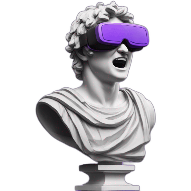 an EMOJI OF A ancient young greek statue, wearing VR headset, shouting purple colors,  emoji