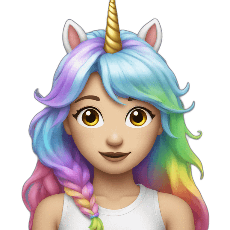 Girl with one unicorn horn on the forehead, and rainbow gair emoji