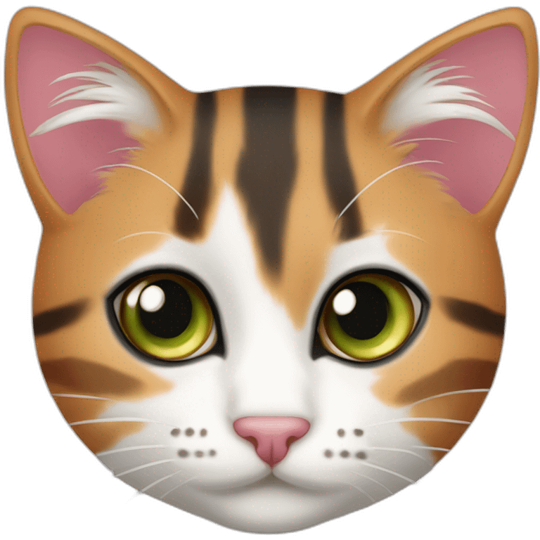 young striped calico cat face with a pink nose, white chin, green eyes, and orange/brown markings emoji