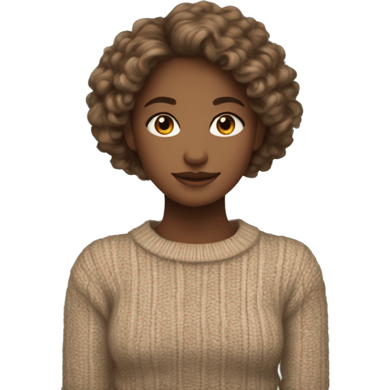 A girl with light-ish brown, shoulder-length curly hair, wearing a cozy cable knit sweater, mini-skirt, tights, and elegant loafers emoji