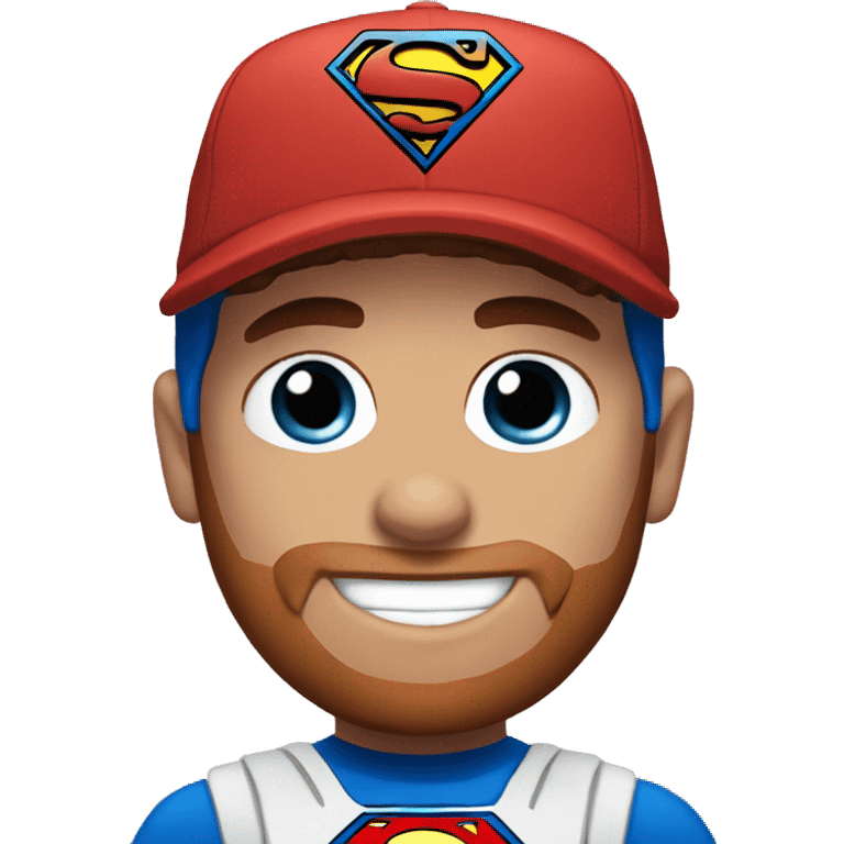 Superman with a goat, blue eyes, reddish hair, freckles, reddish beard, backwards ball cap emoji