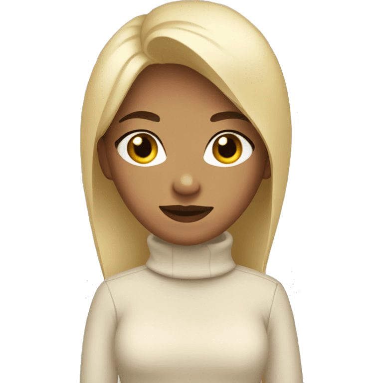 a bald girl wearing a white turtleneck sweater and a beige jacket emoji