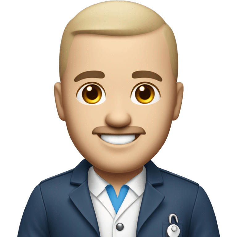 Health insurance agent with semi-bald head but with some hairs on the sides , white-skinned, no eyeglasses, white coat with blue polo inside, no stethoscope, smiling, with few but almost unnoticeable mustache, with slanted eyes, beautiful smile emoji