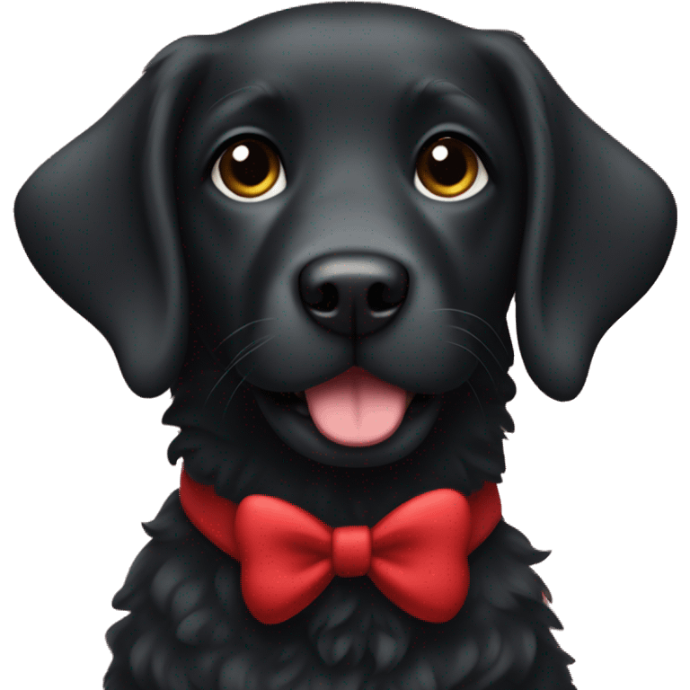 Black labrador with a long curly fur in a red sweater and bow emoji