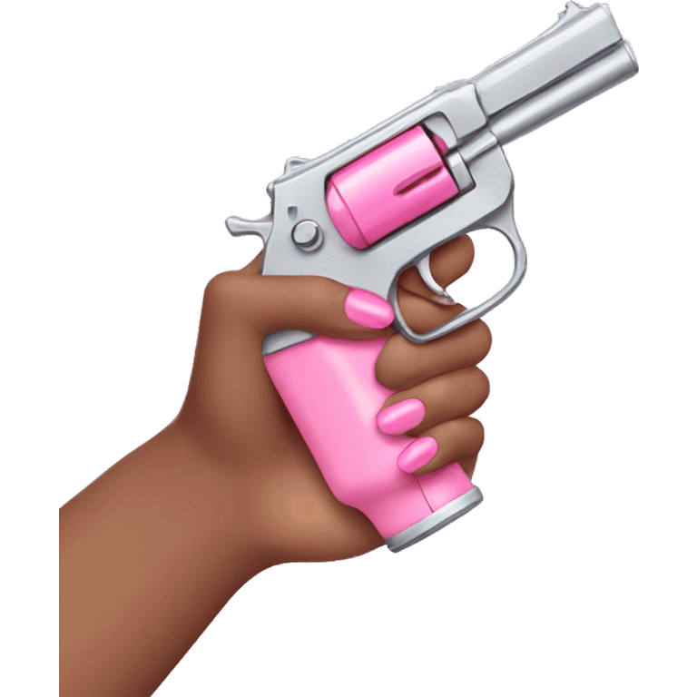 female hand with pink nails holding pastel pink gun  emoji