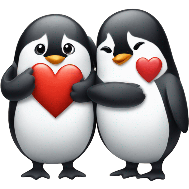 Penguin giving a red heart shape to another penguin emoji