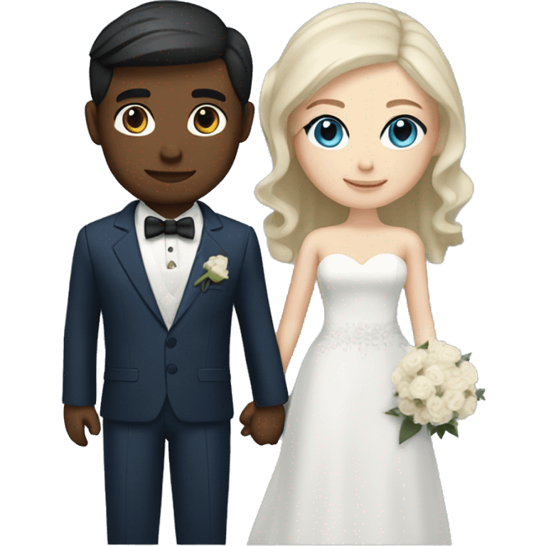 Wedding couple, groom fair skin with dark brown hair and dark brown eyes, bright with white skin blonde hair and blue eyes and dark blue suit emoji