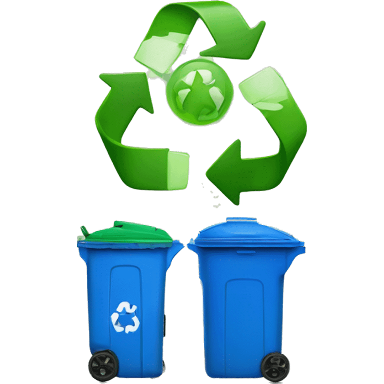 A blue trash can with a lid next to a green recycling bin with a lid emoji