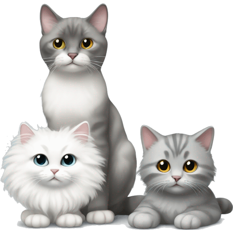 White fluffy cat with 1 white baby and grey baby cat emoji