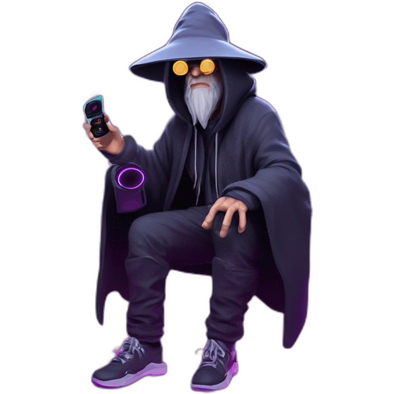 Gandalf wearing a black hoodie with "OMG" letters on it and VR headset in a cyberpunk VR environment with violet neon lighting. emoji