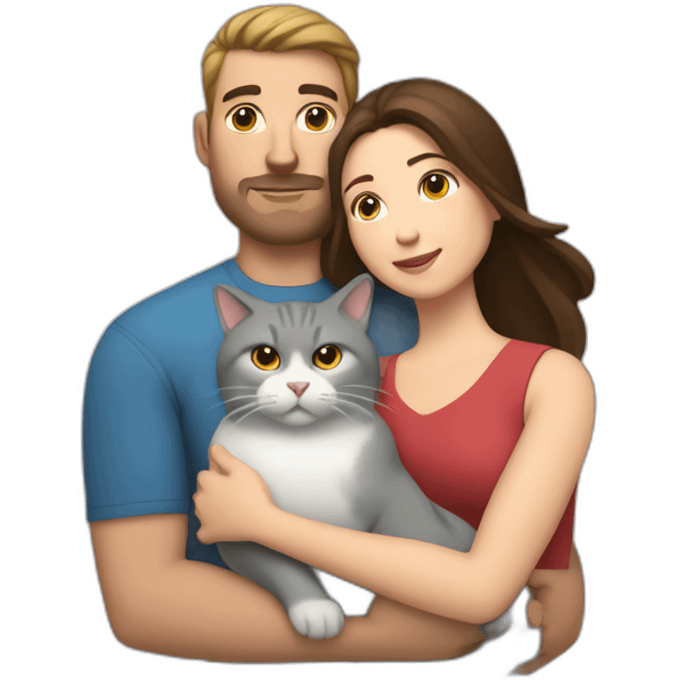 white brun man and brunette woman with a fat gray cat in their arms emoji