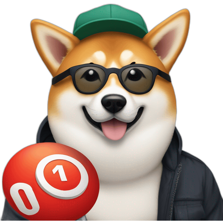 shiba inu dog resting on a man's lap. white man is wearing a black baseball cap with a red circular logo on it, has 5 o'clock shadow, and wearing clear acetate glasses emoji