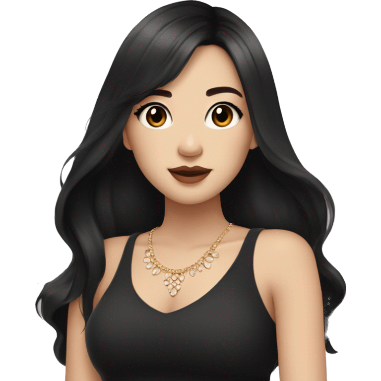 asian girl with long black hair with brown eyes plump lips with long eyelashes in a black top and jewelry on her neck with light makeup on her face in light colors emoji